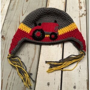 TRACTOR BEANIE RED YELLOW GRAY Toddler Child Hat Handmade Crochet knit 2T - 3T